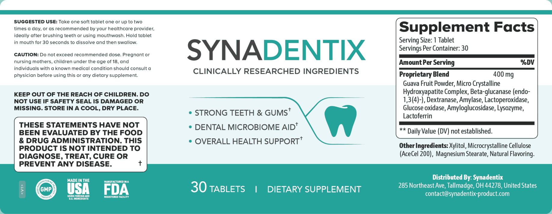 Synadentix full ingredient label with dental support blend